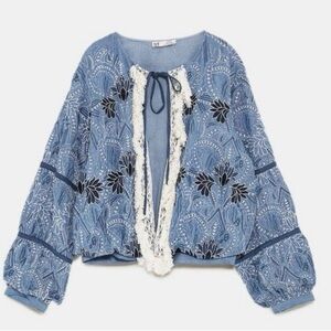 Zara Blue floral embroidered jacket with crochet lace trim